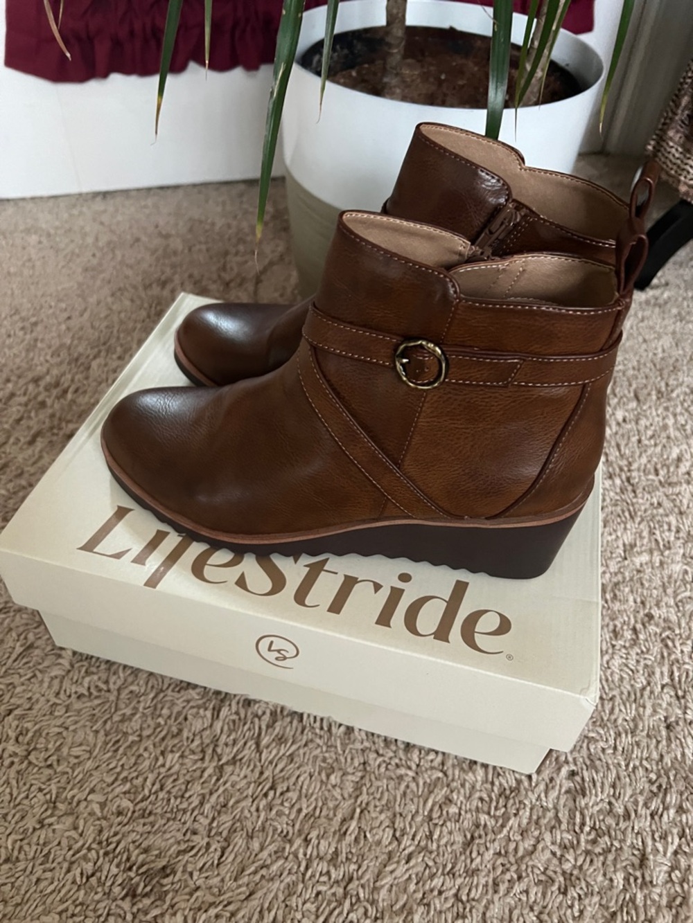 Life Stride Brown Leather Wedge Ankle Booties with Buckle